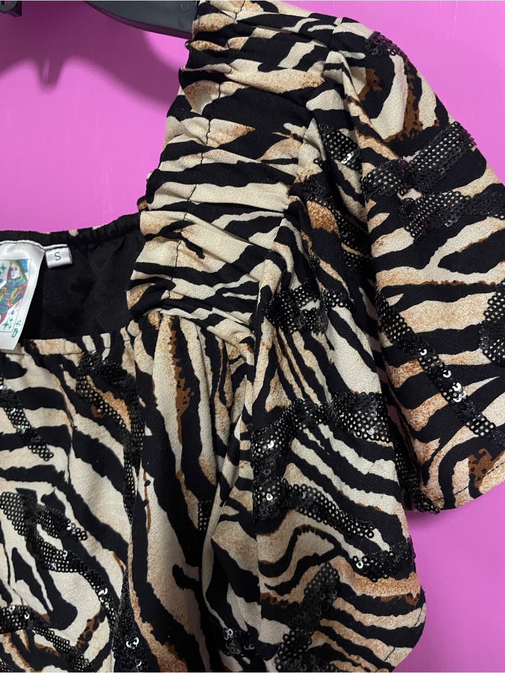 QUEEN OF SPARKLES Black and Cream Zebra Sequin Blouse - Picture 4 of 5